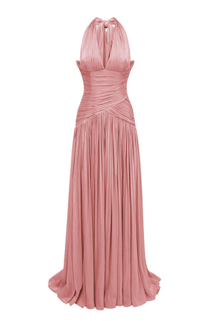 Verdelune Halter Pleated Slit Maxi Dress / Rose Pink