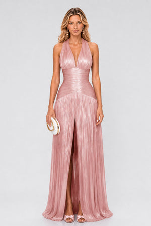 Verdelune Halter Pleated Slit Maxi Dress / Rose Pink