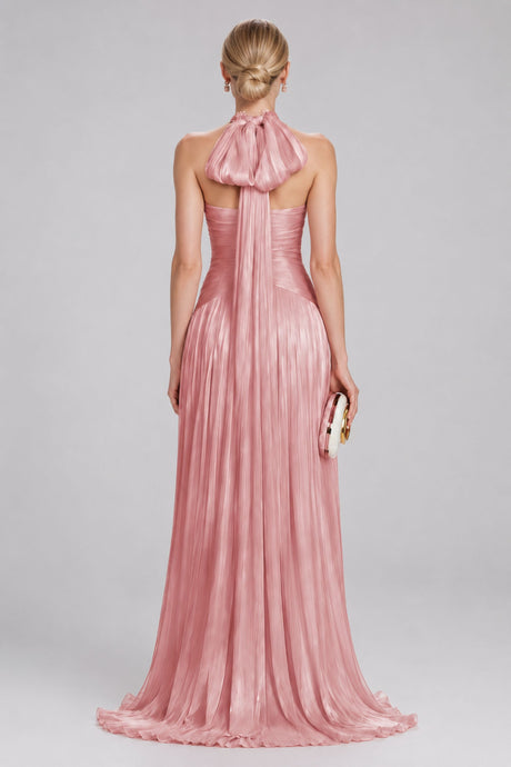 Verdelune Halter Pleated Slit Maxi Dress