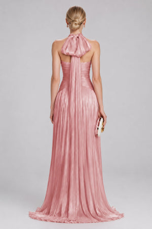 Verdelune Halter Pleated Slit Maxi Dress / Rose Pink