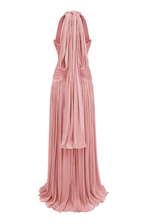 Verdelune Halter Pleated Slit Maxi Dress
