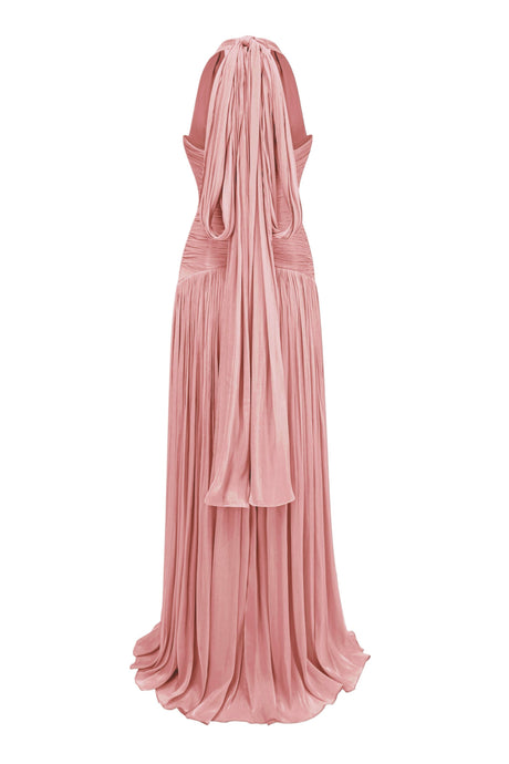 Verdelune Halter Pleated Slit Maxi Dress / Rose Pink