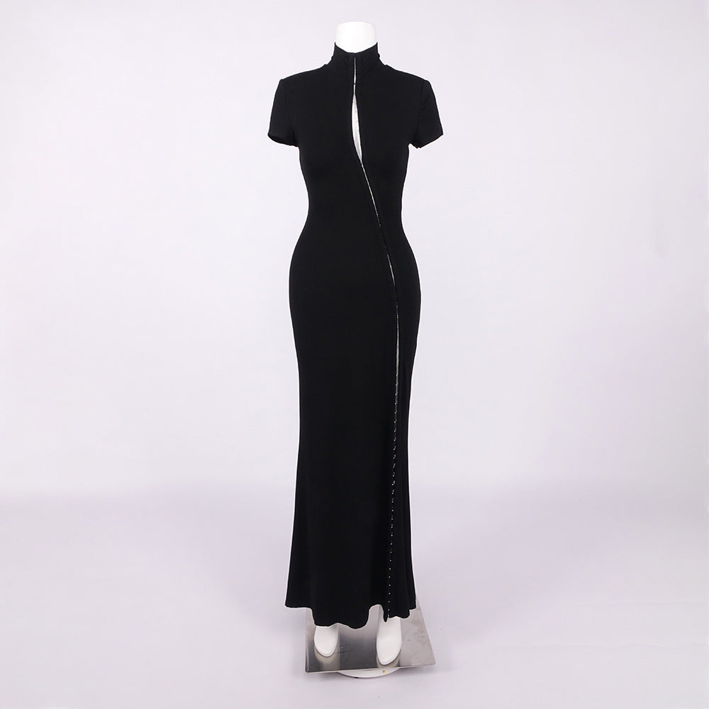 Vespera Black Keyhole Maxi Dress with High Thigh Slit