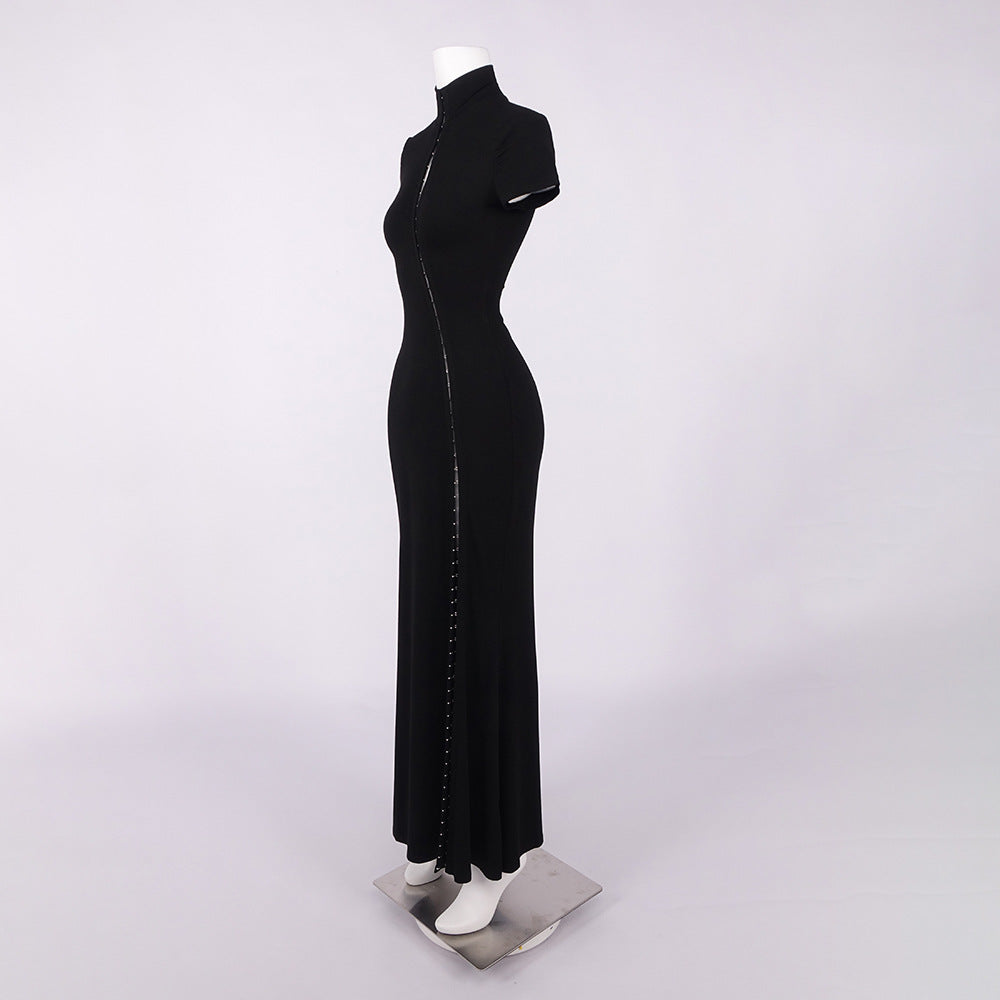 Vespera Black Keyhole Maxi Dress with High Thigh Slit