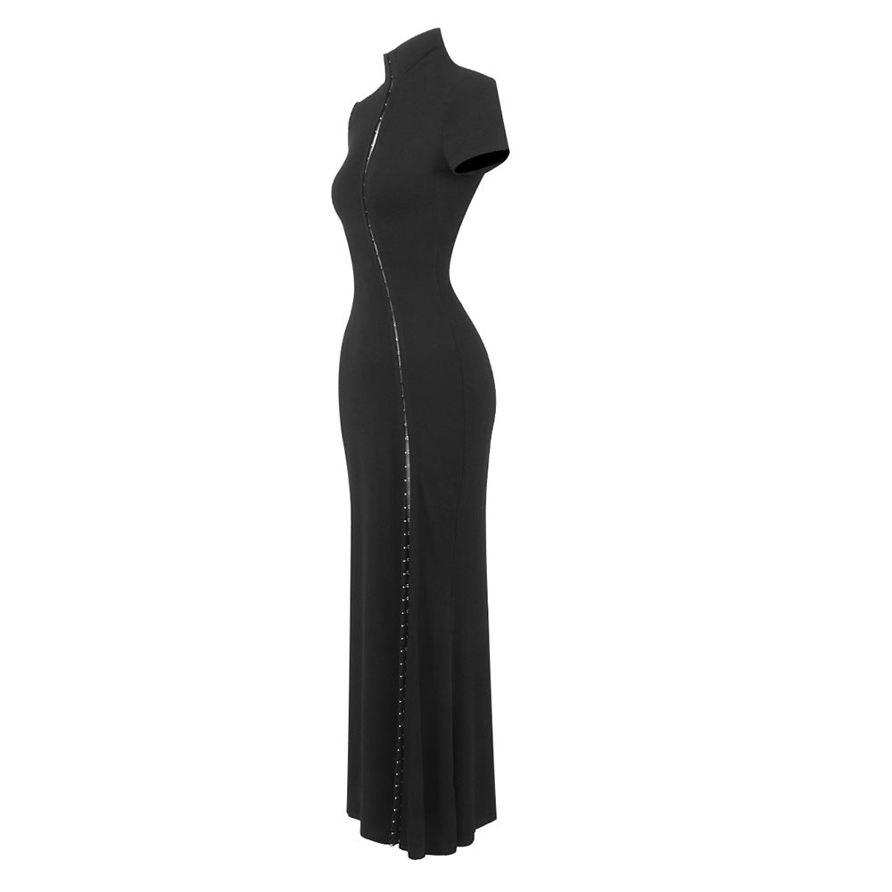 Vespera Black Keyhole Maxi Dress with High Thigh Slit