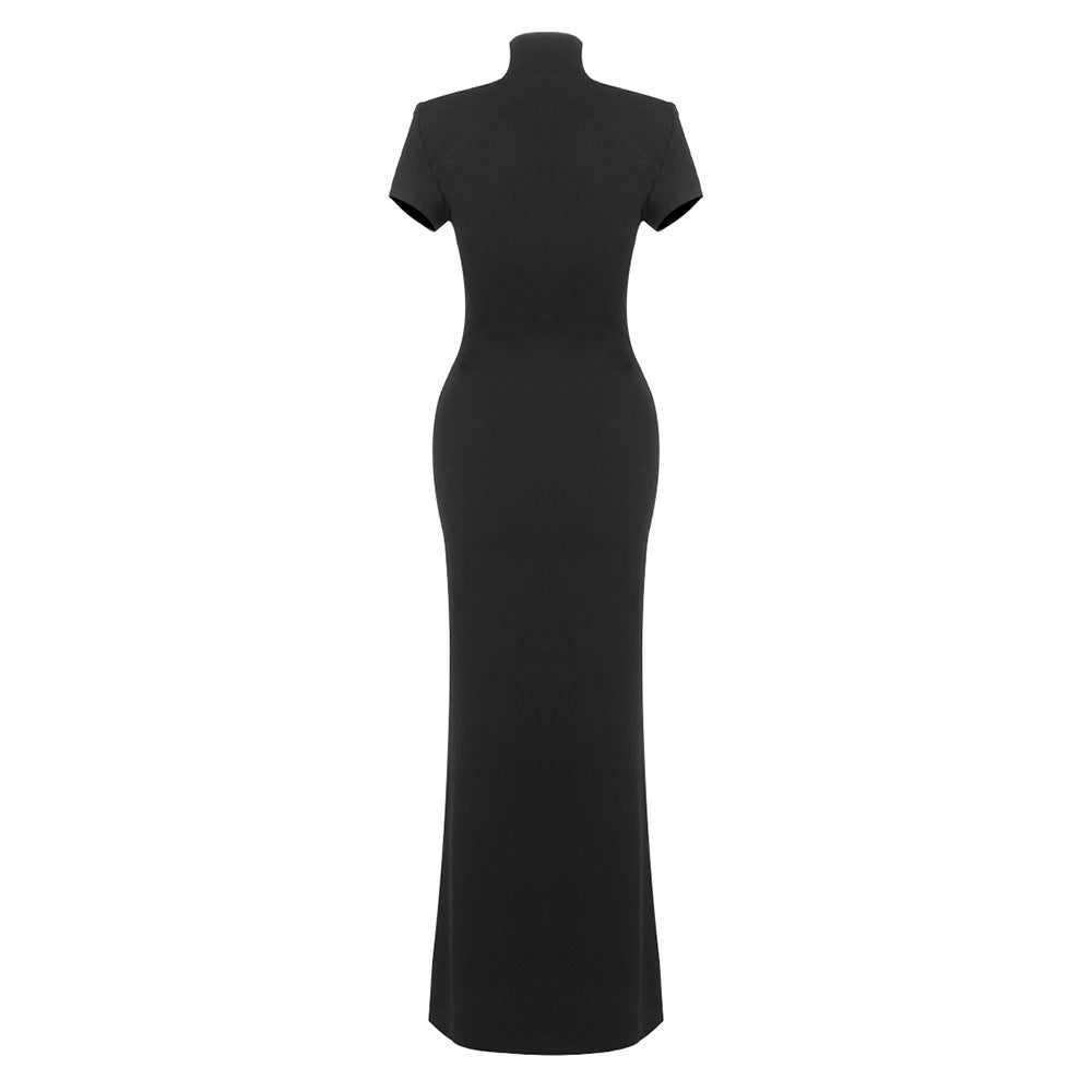 Vespera Black Keyhole Maxi Dress with High Thigh Slit