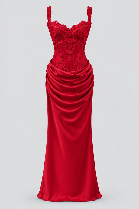 Ysélie Lace Corset Draped Maxi Dress - Red_-_selmori.com_-_03