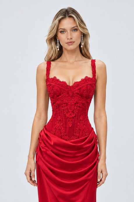 Ysélie Lace Corset Draped Maxi Dress - Red_-_selmori.com_-_07
