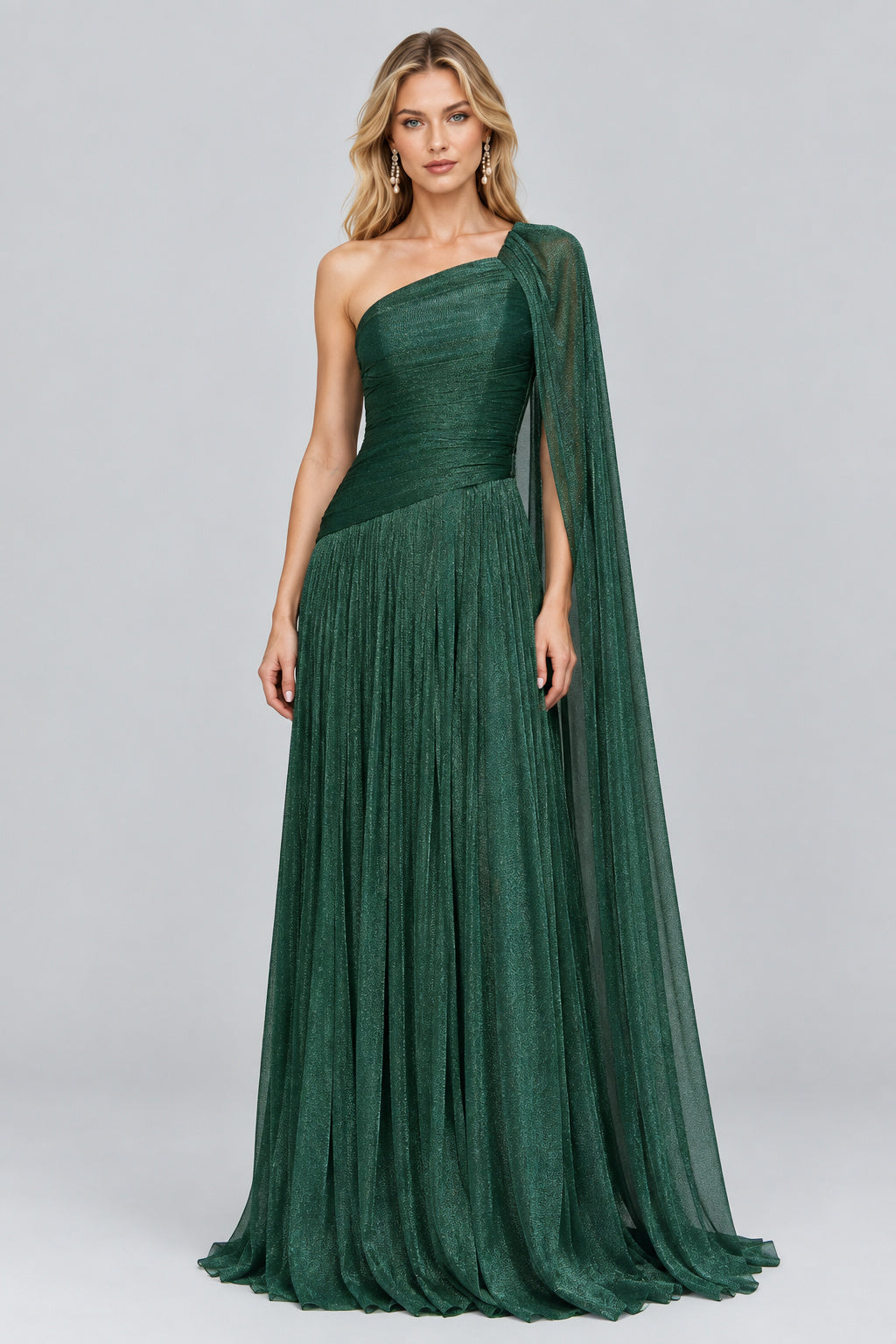 Elorine emerald green one shoulder glitter tulle maxi dress front view
