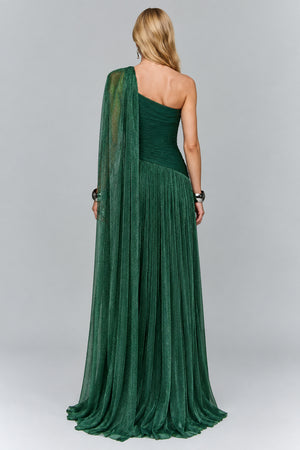 Elorine emerald green one shoulder glitter tulle maxi dress back view