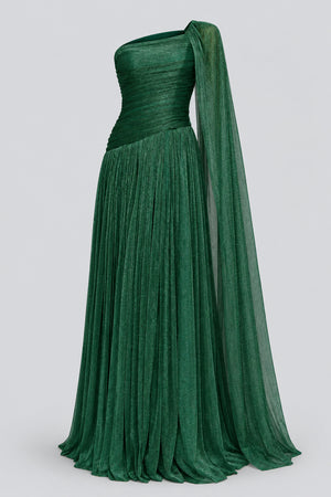 Elorine emerald green one shoulder glitter tulle maxi dress front product view