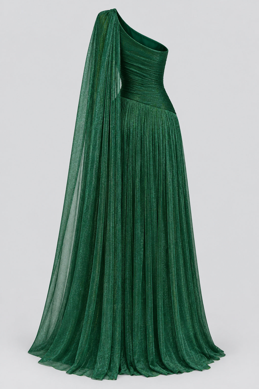 Elorine emerald green one shoulder glitter tulle maxi dress back product view