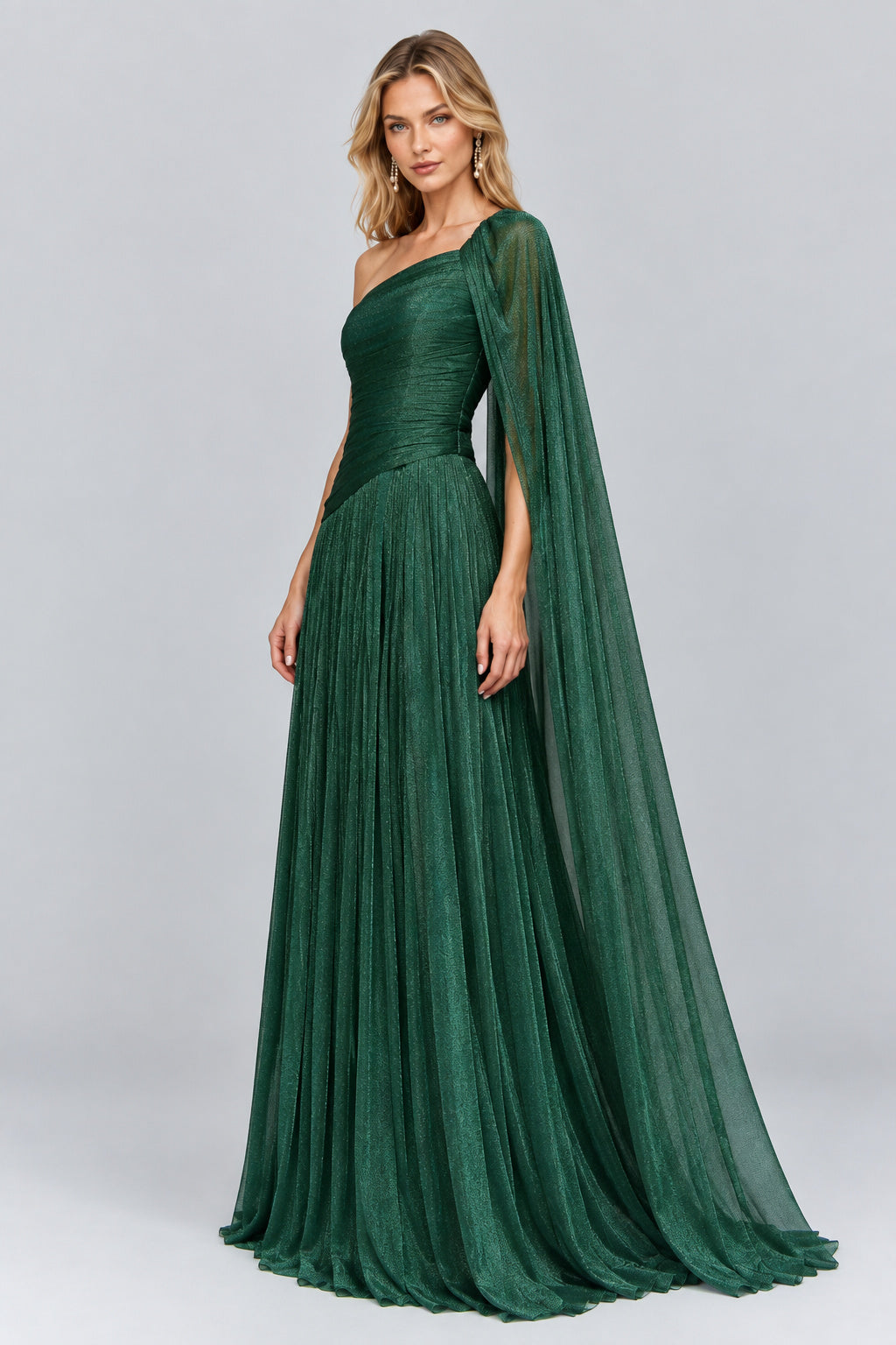 Elorine emerald green one shoulder glitter tulle maxi dress left angle