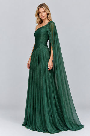 Elorine emerald green one shoulder glitter tulle maxi dress left angle