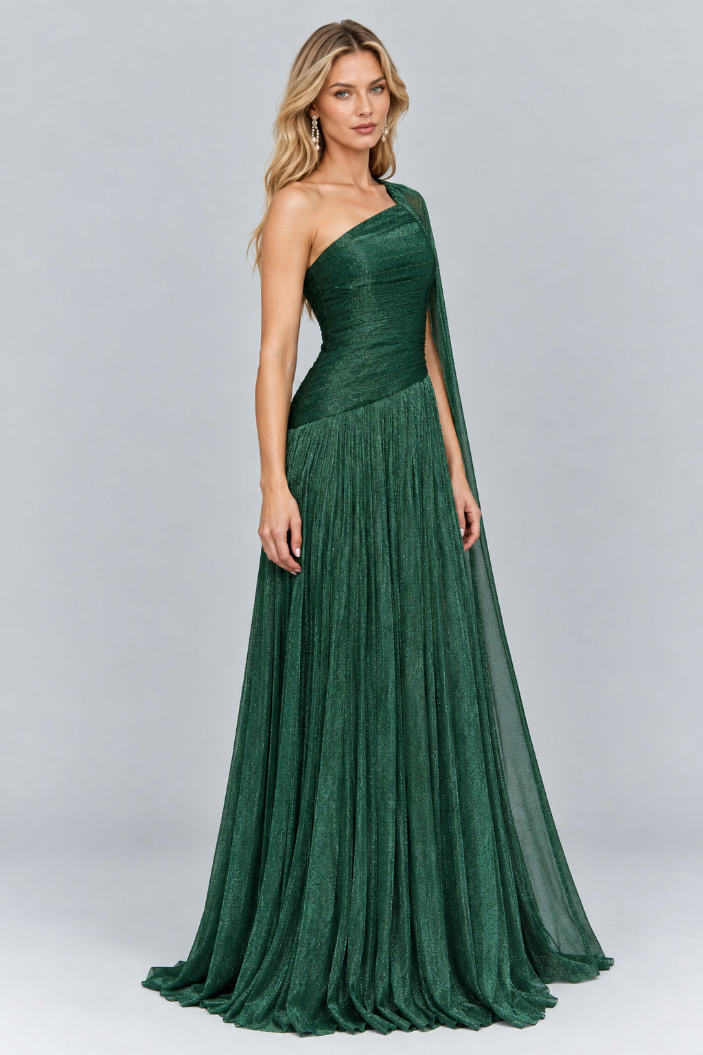 Elorine emerald green one shoulder glitter tulle maxi dress right angle