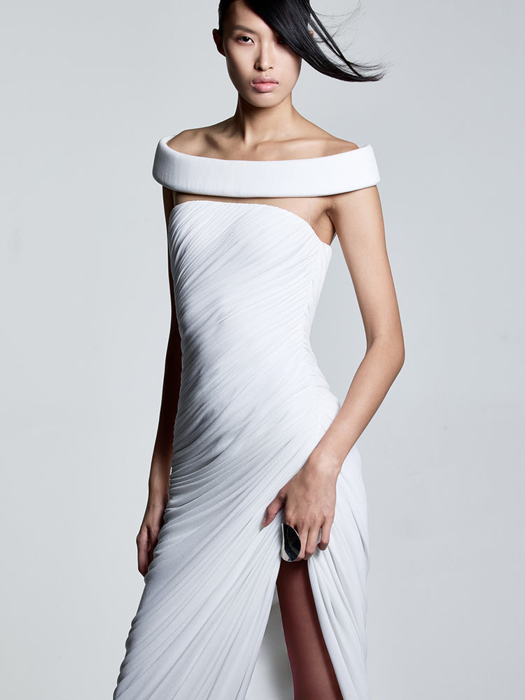 Clarté Off Shoulder Ruched Maxi Dress