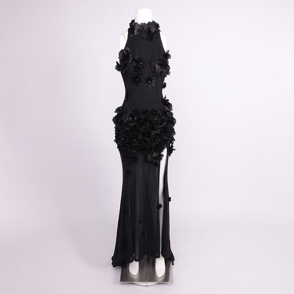 Isaline Floral Appliqué Halter Maxi Dress – Selmori
