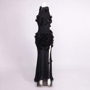 Isaline Floral Appliqué Halter Maxi Dress