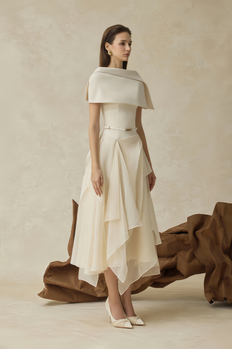 Selmori Clarisse White Asymmetrical Shawl & Tulle Panel Dress Set