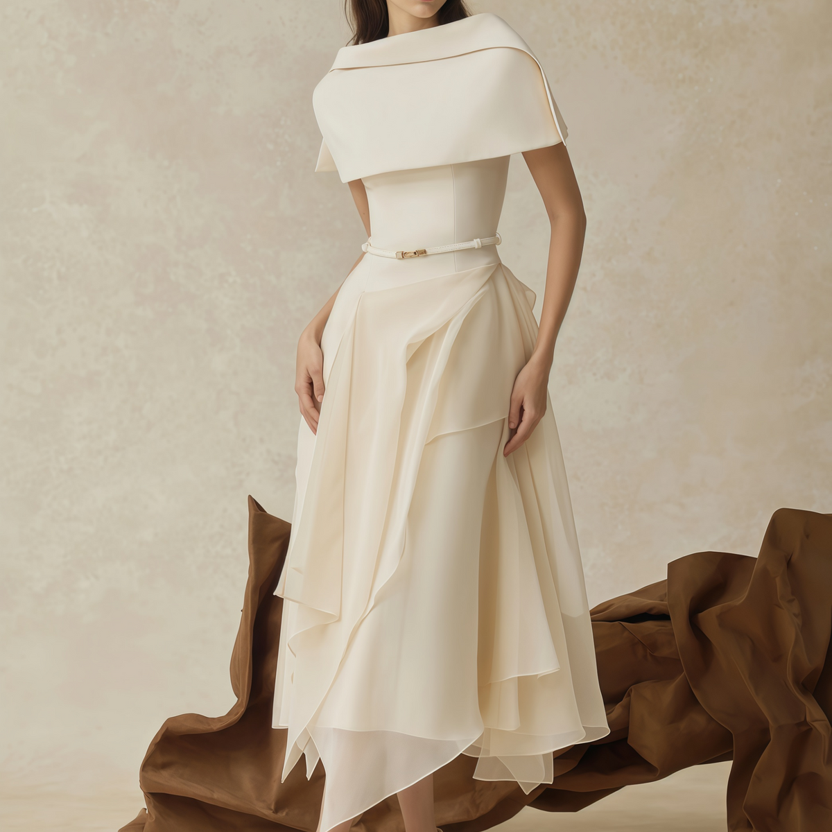 Clarisse White Asymmetrical Shawl & Tulle Panel Dress Set – Selmori