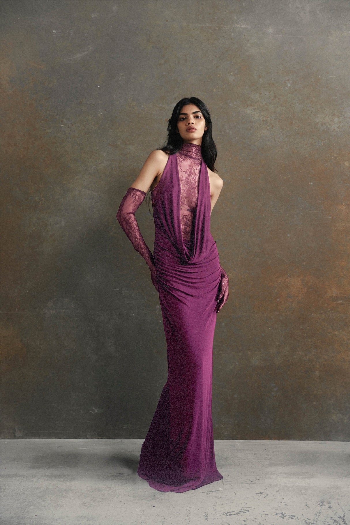 Selmori Célestine Magenta Lace Bodice Ruched Maxi Dress Purple