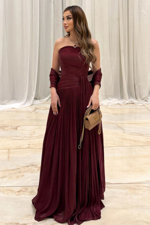 Oiseau Strapless Pleated Maxi Dress with Scarf