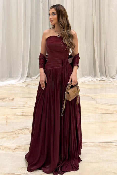 Oiseau Strapless Pleated Maxi Dress with Scarf