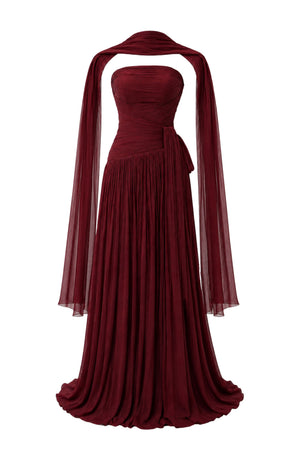 Oiseau Strapless Pleated Maxi Dress with Scarf