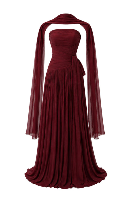Oiseau Strapless Pleated Maxi Dress with Scarf