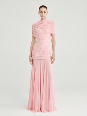 Selmori Mado One Shoulder Ruched Maxi Dress Pink