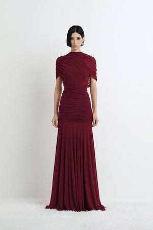 Selmori Mado One Shoulder Ruched Maxi Dress Red