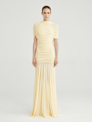 Selmori Mado One Shoulder Ruched Maxi Dress Yellow
