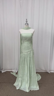 Eliorane Strapless Ruched Pleated Maxi Dress with Neck Sash - Light Green_-_selmori.com_-_12