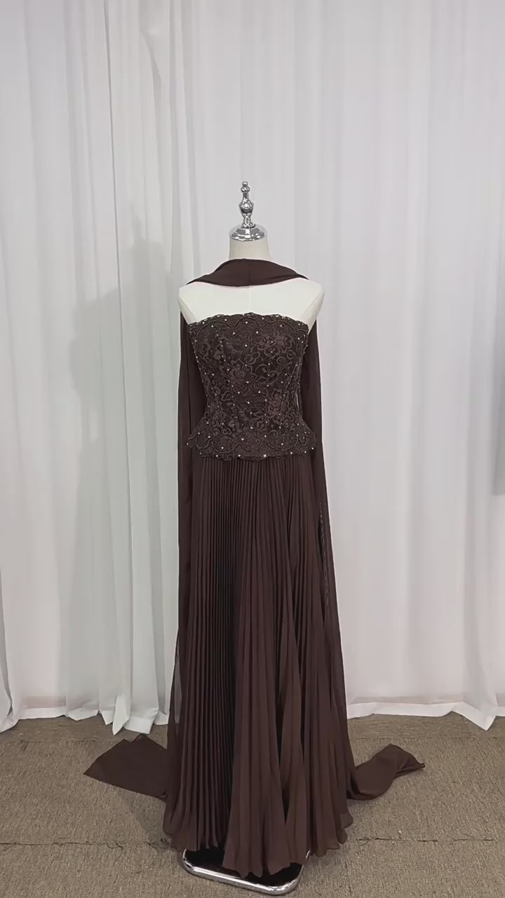 Marcelline Strapless Beaded Lace Corset Two-Piece Maxi Dress with Scarf - Brown video