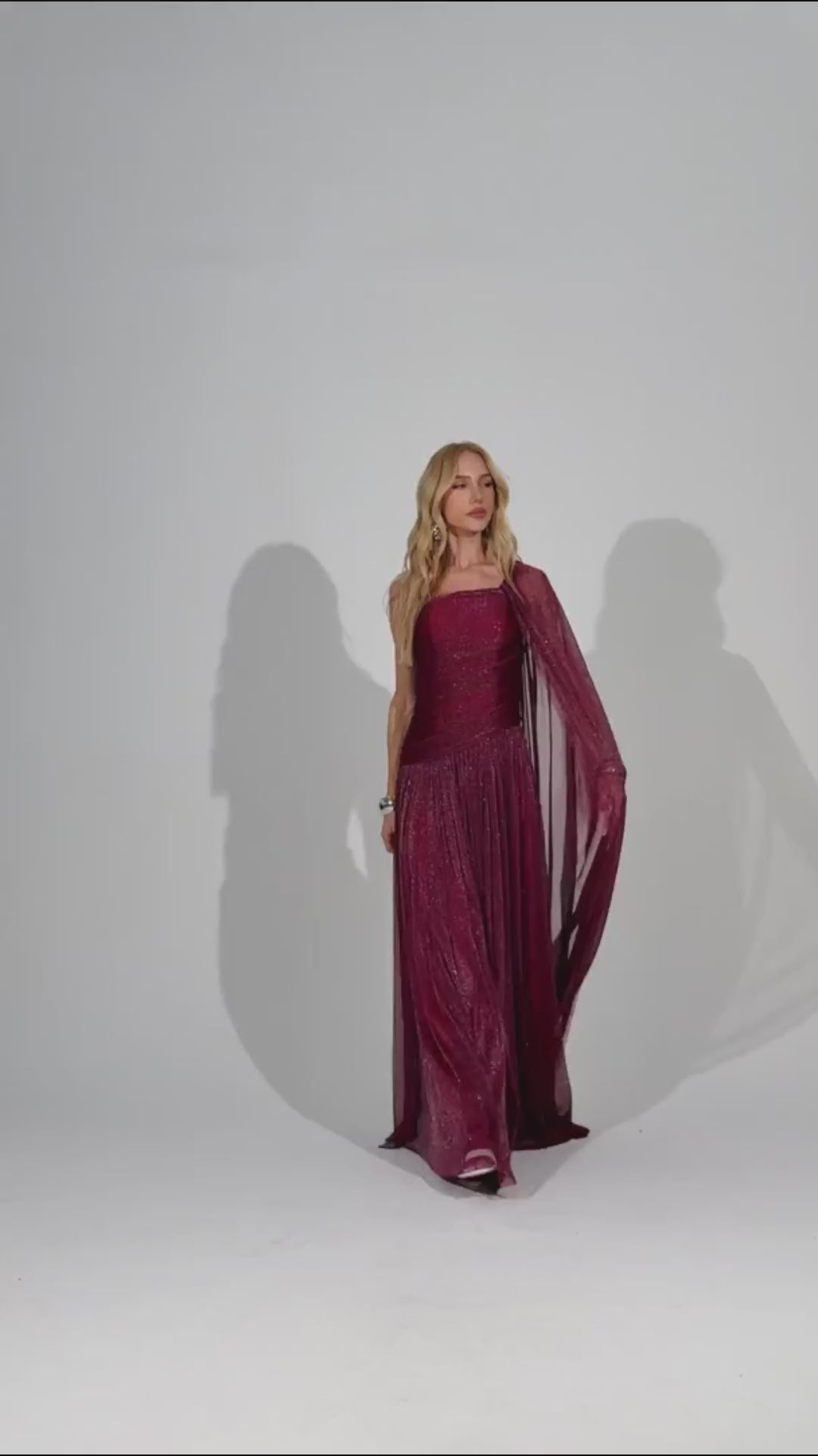 Elorine One Shoulder Ruched Glitter Tulle Maxi Dress with Cape / Burgundy