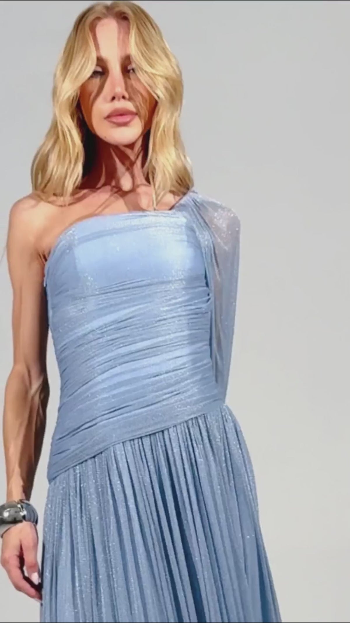 Elorine One Shoulder Ruched Glitter Tulle Maxi Dress with Cape / Blue
