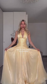 Verdelune Halter Pleated Slit Maxi Dress / Yellow