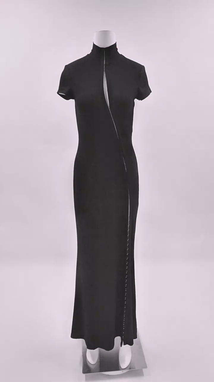 Vespera Black Keyhole Maxi Dress with High Thigh Slit