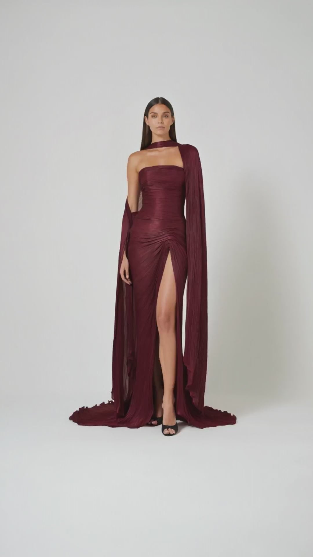 Vandale Strapless High Slit Cape Maxi Dress / Burgundy