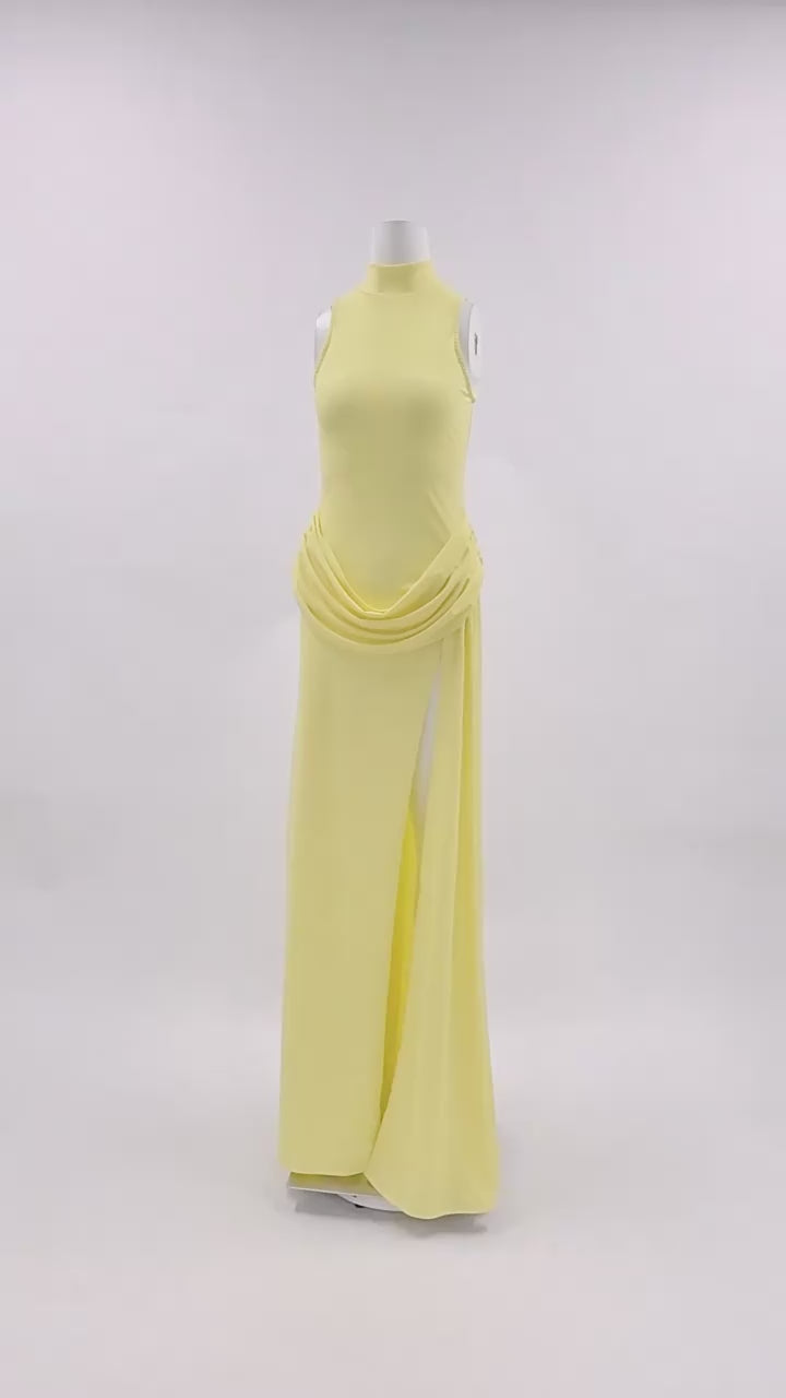 Vague Yellow Halter Draped Waist Slit Maxi Dress