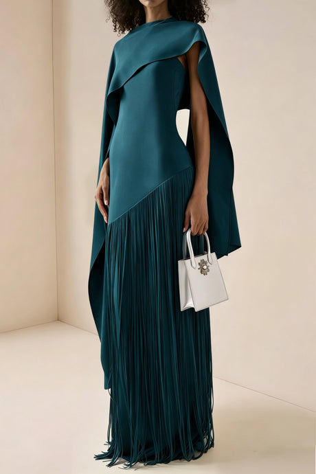 Apparat Fringed Maxi Dress with Shawl / Teal