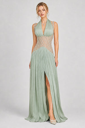 Aquarelle Rhinestone Panel Maxi Dress / Green