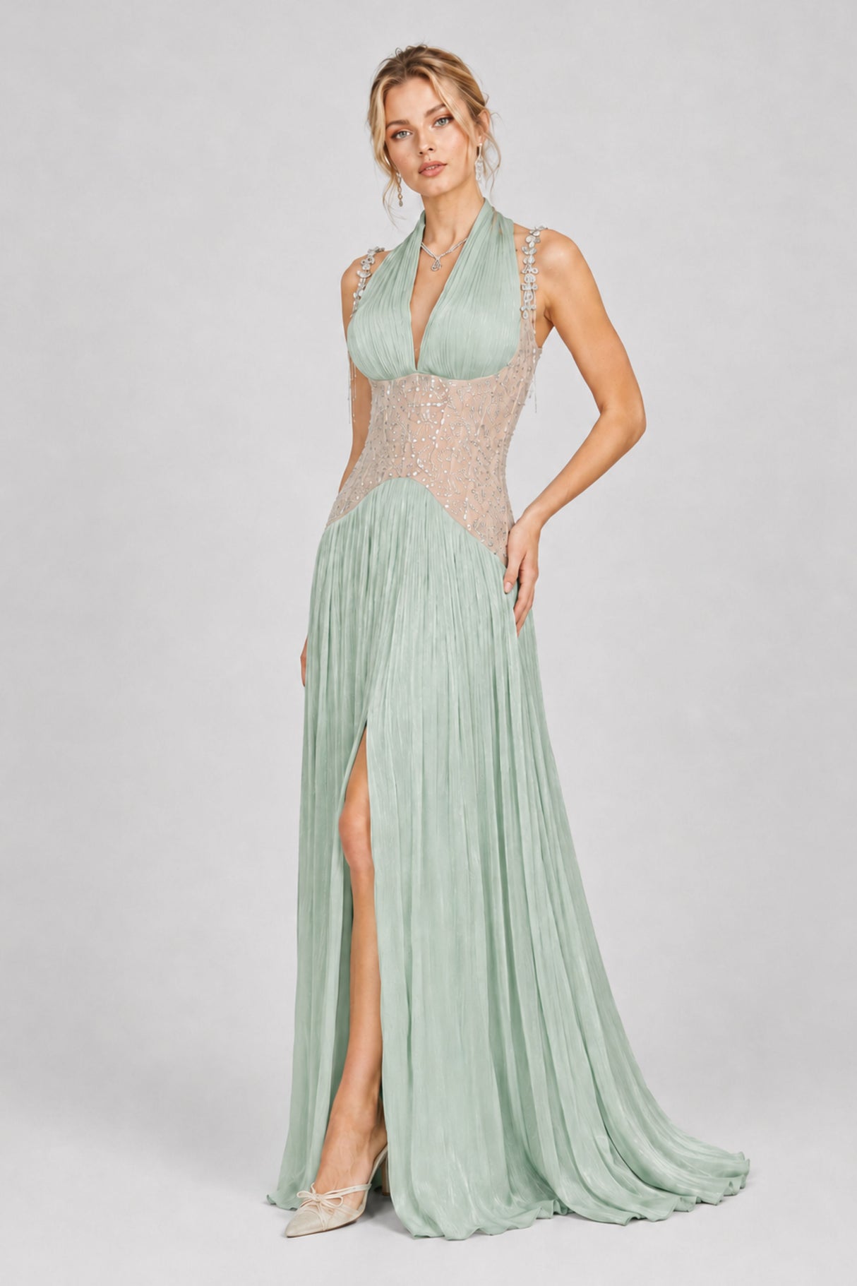 Aquarelle Rhinestone Panel Maxi Dress / Green