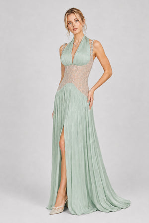 Aquarelle Rhinestone Panel Maxi Dress / Green
