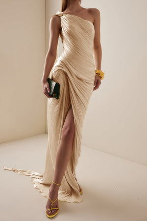 Cocon Asymmetrical Ruched Maxi Dress / Beige