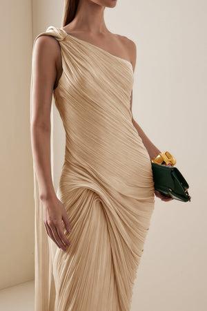 Cocon Asymmetrical Ruched Maxi Dress / Beige