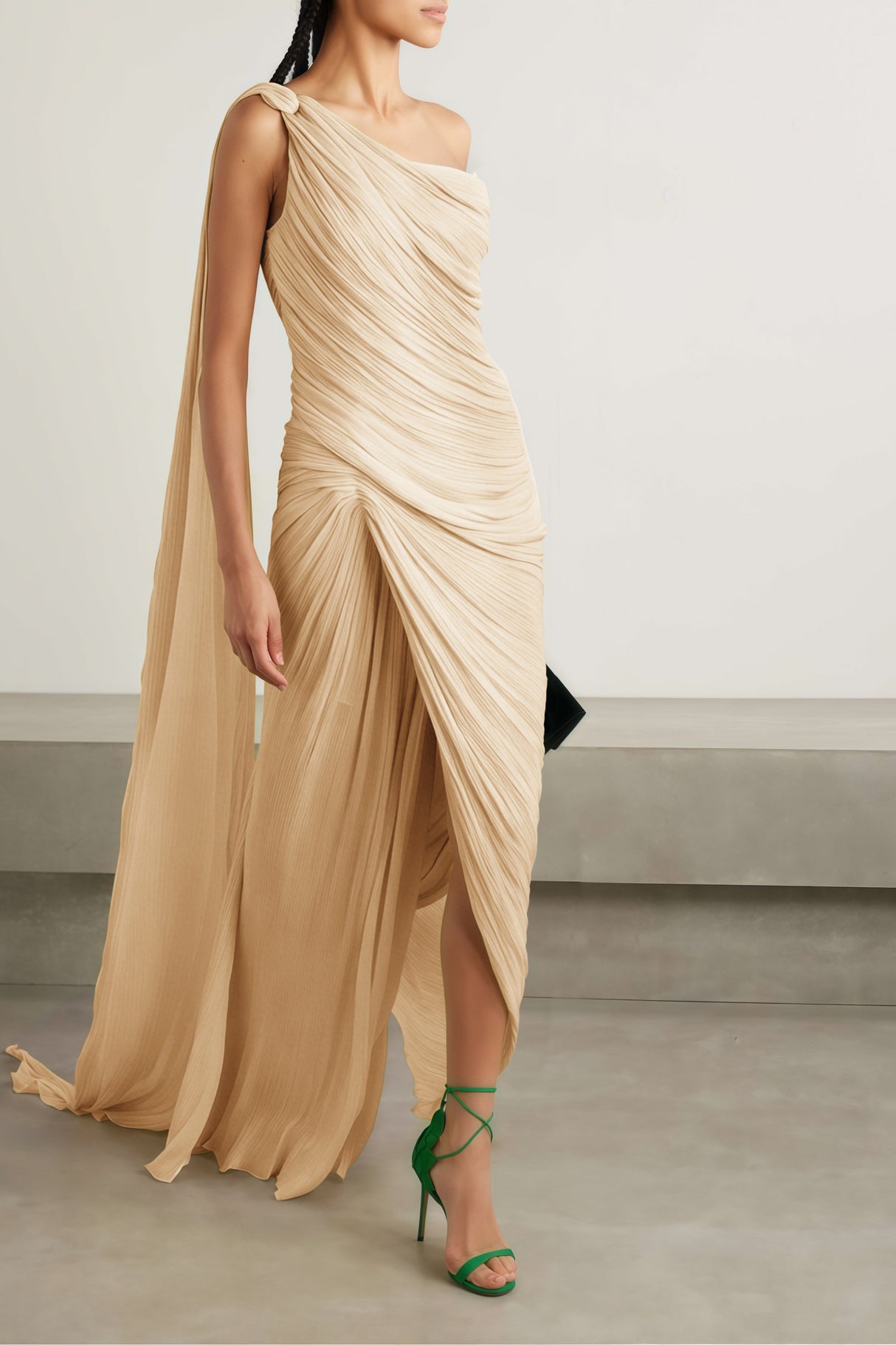 Cocon Asymmetrical Ruched Maxi Dress / Beige