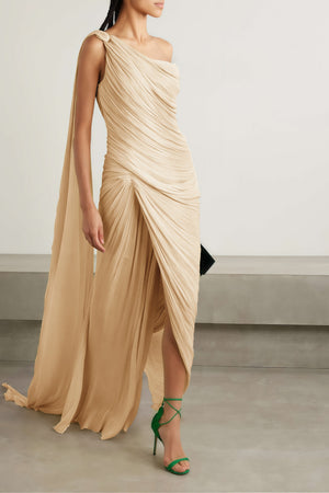 Cocon Asymmetrical Ruched Maxi Dress / Beige