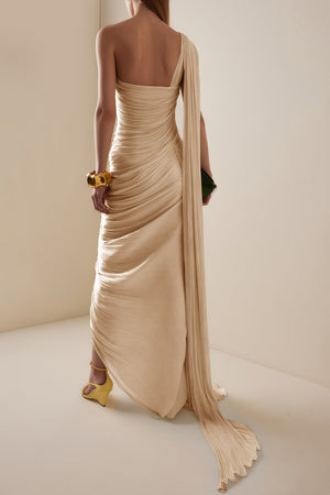 Cocon Asymmetrical Ruched Maxi Dress / Beige