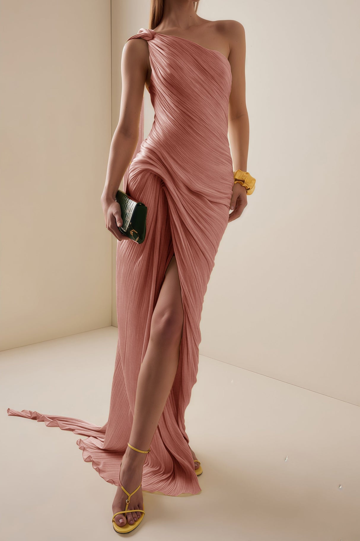 Cocon Asymmetrical Ruched Maxi Dress / Pink